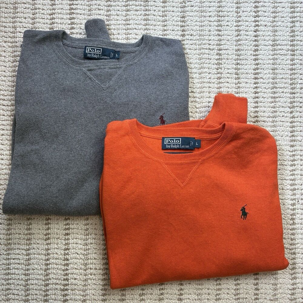 Lot of 2 Polo Ralph Lauren Mens Gray Orange 100% Pima Cotton Sweater Size Large
